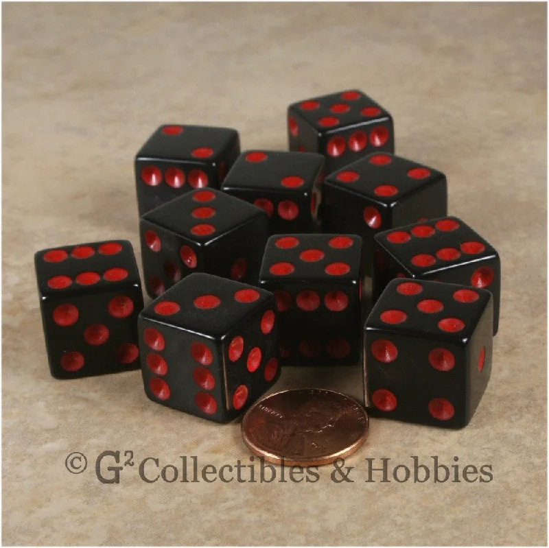 D6 16mm Opaque Black with Red Pips 10pc Dice Set