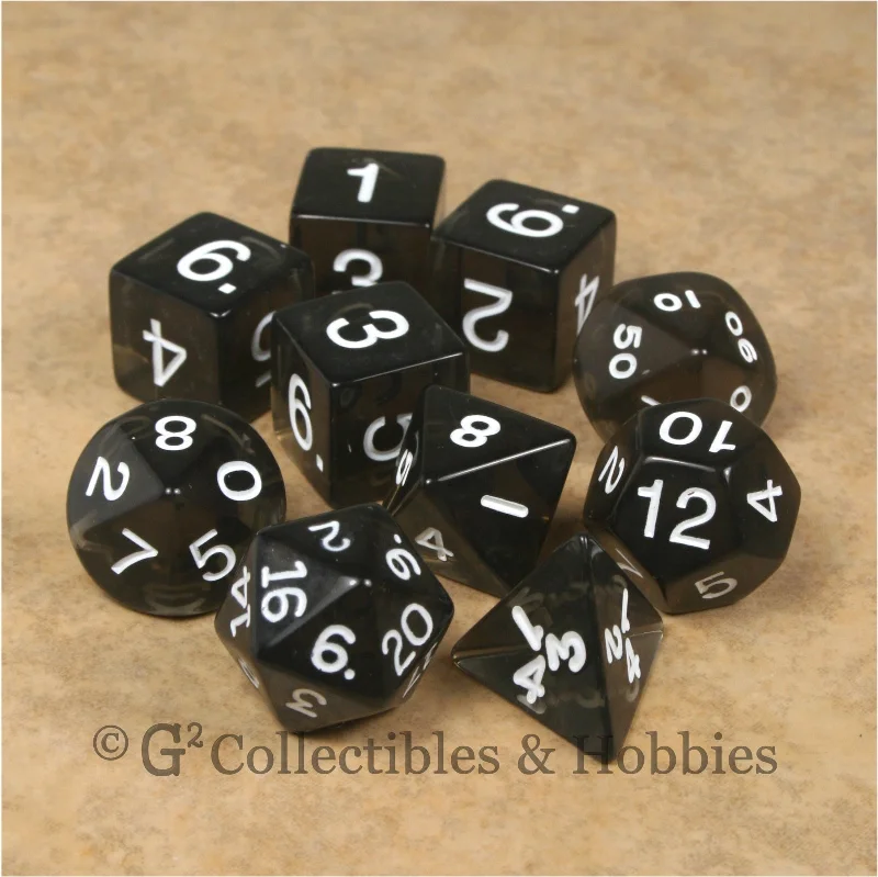 RPG Dice Set Transparent Smoke with White Numbers 10pc